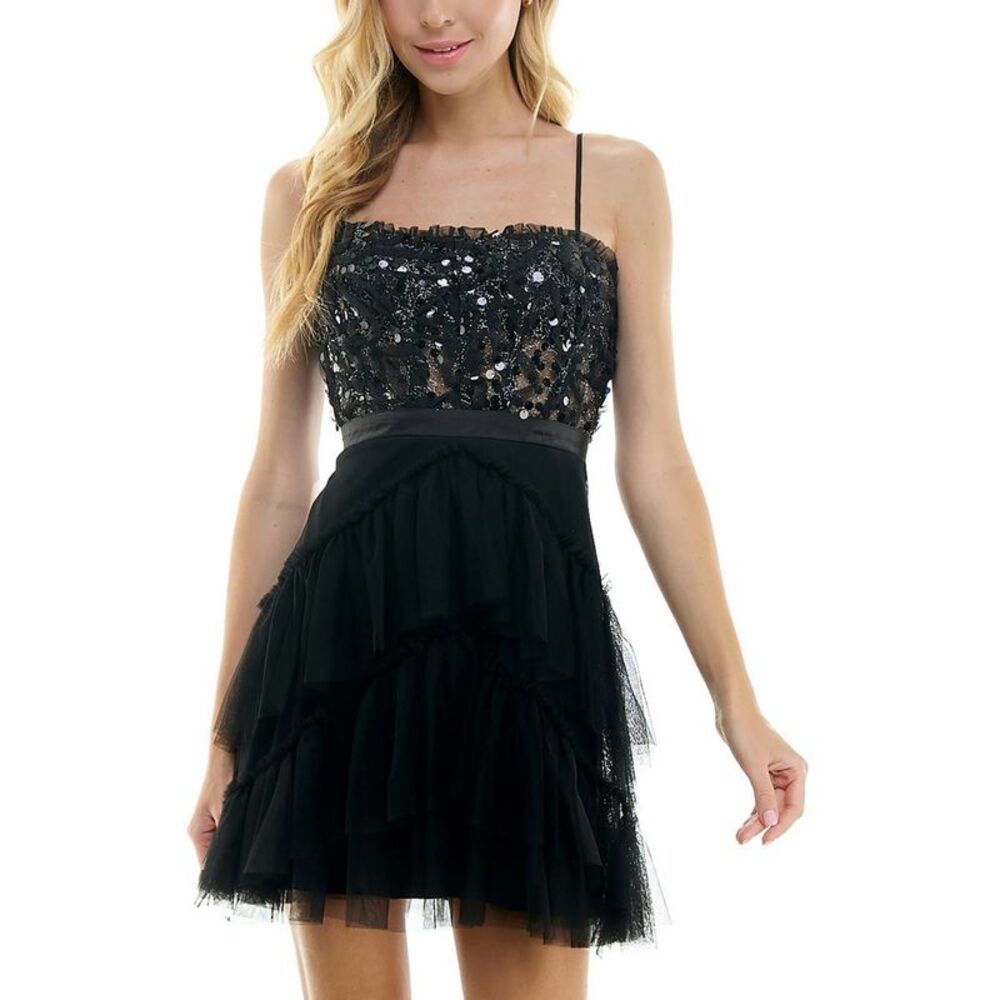 City Studios Womens Black Paillettes Mini Party Fit & Flare Dress Juniors NWT